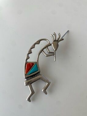 Southwestern Kokopelli Pin with Red and Turquoise Inlay